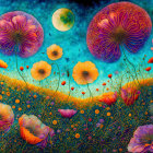 Colorful Meadow with Poppy Flowers and Jellyfish-Like Blooms Under Starry Sky