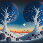 Symmetrical trees in surreal landscape under twilight sky