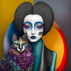 Surreal pale-faced woman with intricate black hairstyle and colorful cat art.