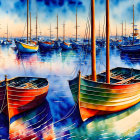 Vibrant boats on calm water at sunrise or sunset