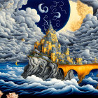 Surrealist painting: castle on cliff, swirling clouds, crescent moon, stylized waves,