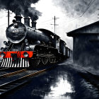 Monochromatic steam locomotive with red wheel highlights on tracks