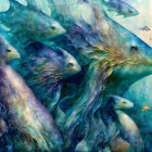 Whale-like creatures in sea and celestial elements swimming with fish in starry underwater scene