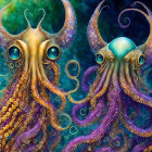 Stylized octopuses with swirling tentacles and expressive eyes in cosmic underwater scene