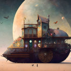 Steampunk-style Victorian house on wheels in desert landscape with moon and flying birds