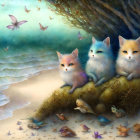 Colorful Kittens on Branch with Butterflies in Enchanted Forest