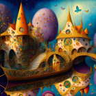 Golden castles, gondola, butterflies in a celestial setting