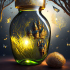 Fantastical glowing castle in jar with trees, butterflies, and orb