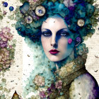 Surreal portrait of woman with blue skin and floral-clocks on textured background