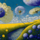 Surreal landscape featuring oversized flowers, patterned river, bees, and blue sky.