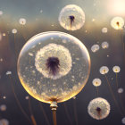 Transparent dandelion seeds around glowing light bulb on bokeh background