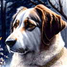 Realistic painting of large dog with tri-colored coat in forest setting