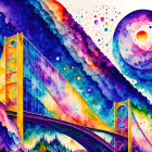 Colorful Psychedelic Suspension Bridge Illustration with Swirling Sky and Decorative Moon