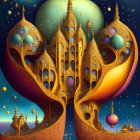 Intricate golden structures in fantasy landscape under starry sky