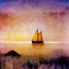 Sailing ship on still water at twilight with orange to purple gradient