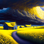 Vivid rural landscape painting with golden fields and dramatic sky