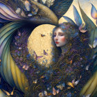 Surreal portrait: Woman's face merges with feathers and butterfly wings in blue, gold, brown