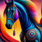 Colorful Decorated Horse with Rainbow Mane in Surreal Sunset Scene