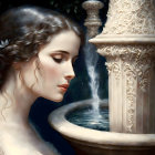 Detailed painting: Woman with long, curly hair by water fountain