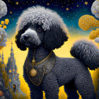 Illustration of black poodle with golden collar in flower field under starry sky.