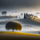 Sunrise Misty Landscape with Rolling Hills and Building Complex