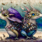 Armored bunny-like fantasy creatures with coin-like scales in misty blue sky