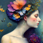 Woman with Colorful Butterfly Headdress and Fluttering Butterflies