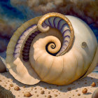 Surreal illustration: large nautilus shell on beach with scattered shells, dramatic blue sky