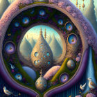 Ornate fantasy landscape with swirling patterns and domed structures in dream-like scene