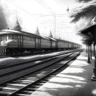 Vintage train station scene with classic train, overhead lines, and foggy ambiance.