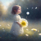 Young girl in white dress holding dandelion in dreamy meadow