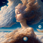 Portrait of woman with voluminous curly hair blending with clouds and celestial bodies against night sky.