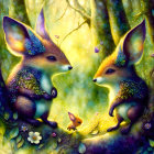 Fantastical fox and fennec fox creatures in floral forest setting