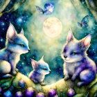 Starry fur mystical fox-like creatures in magical forest