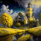 Golden fantasy castle in surreal landscape with yellow trees and reflective water