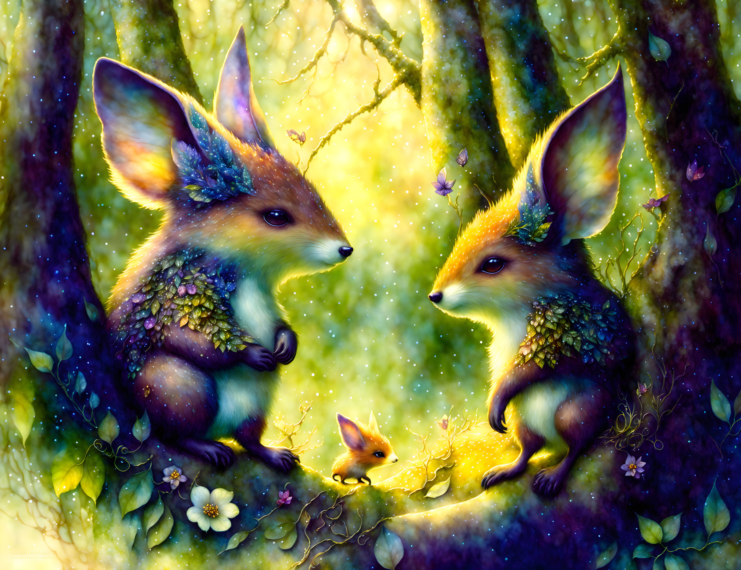 Fantastical fox and fennec fox creatures in floral forest setting