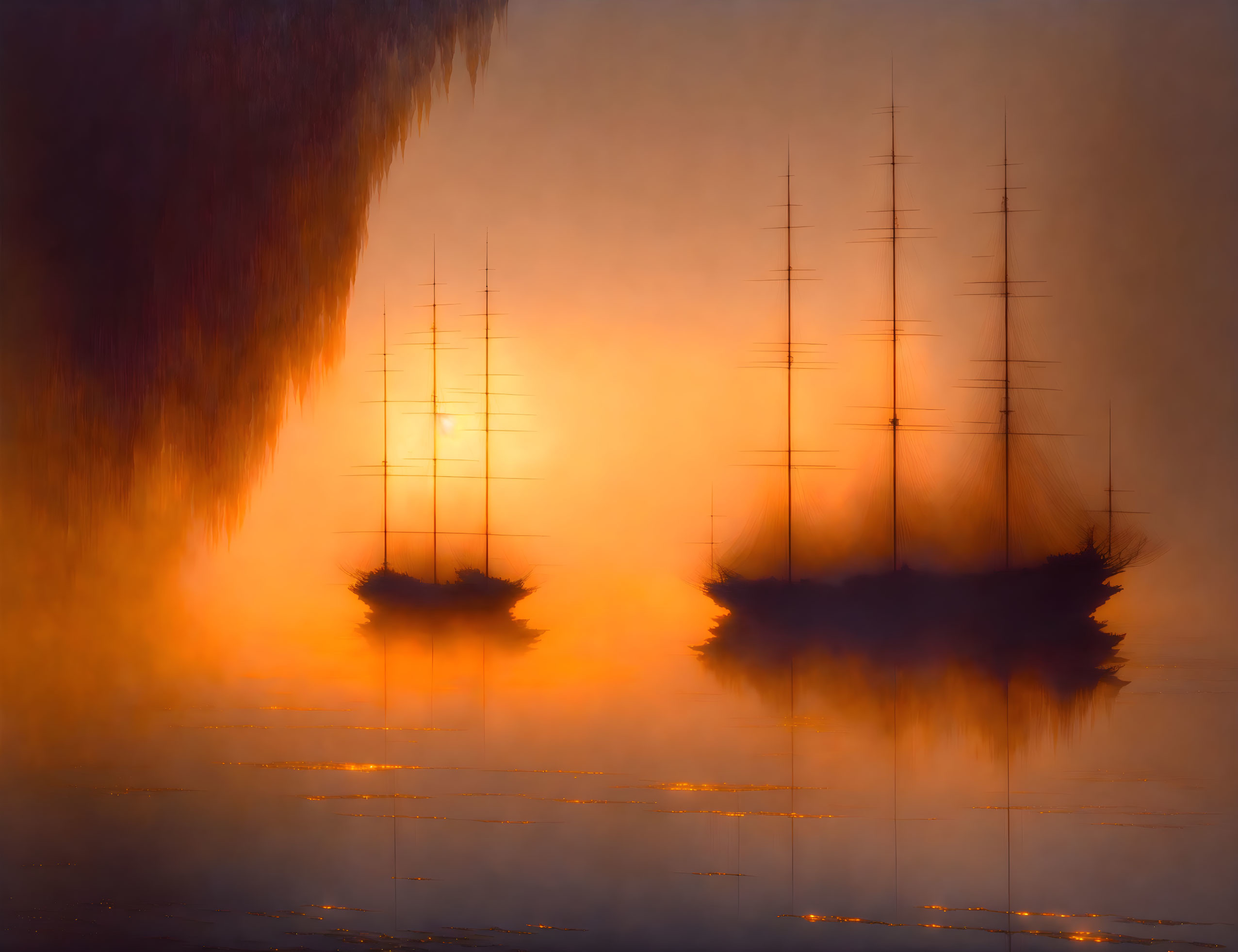 Tall Ships in Misty Dawn or Dusk with Golden Light on Water