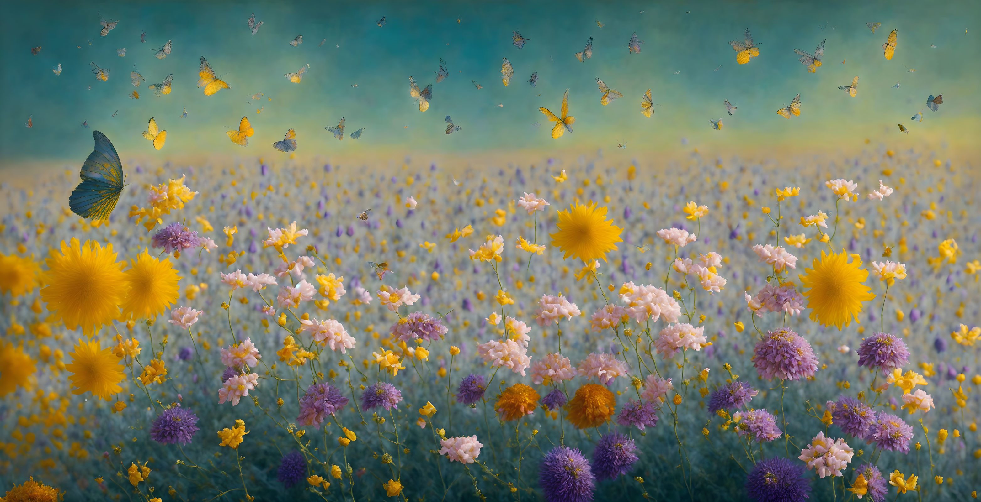 Colorful Flowers and Butterflies in Dreamlike Field