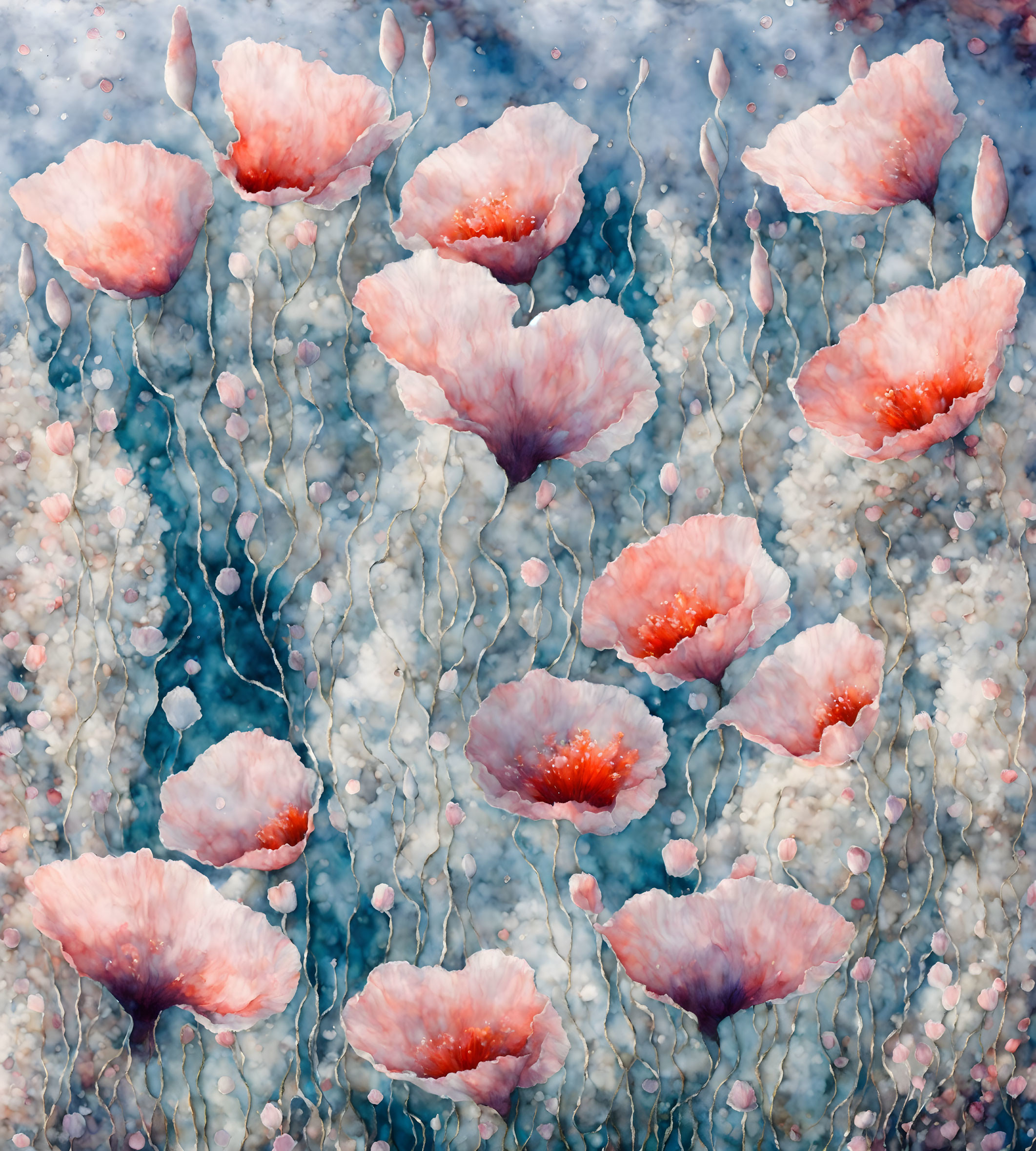 Delicate pink flowers on misty blue and white marbled background