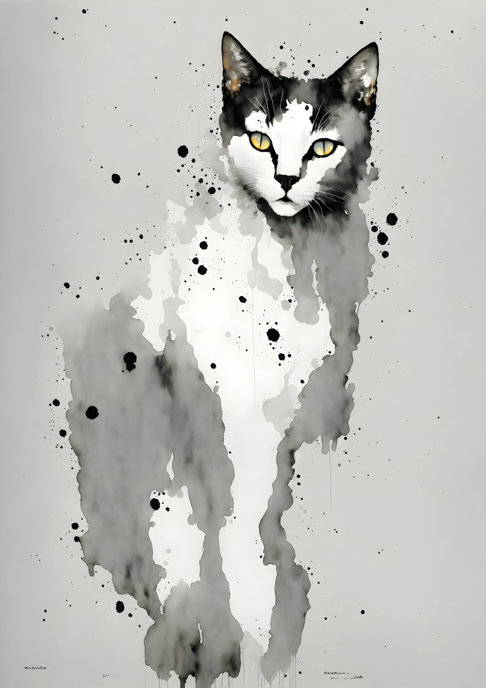 Detailed cat artwork with face and body dissolving into ink splatters