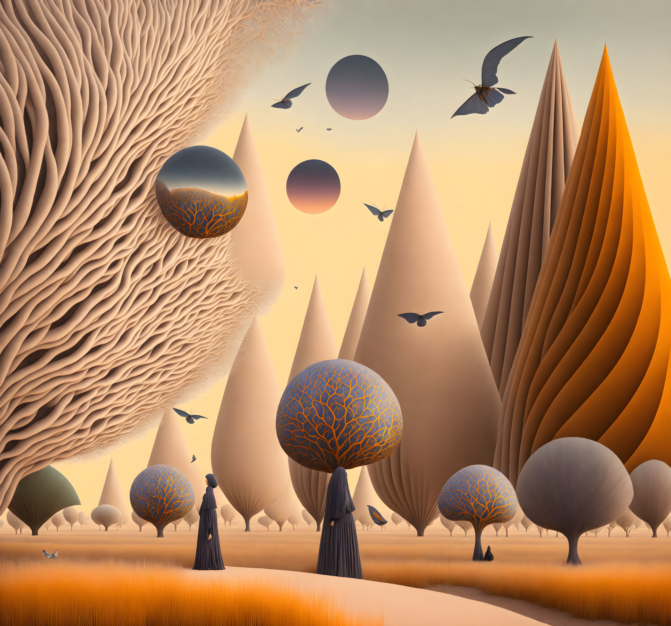 Surreal landscape with stylized trees and giant creature amid floating orbs