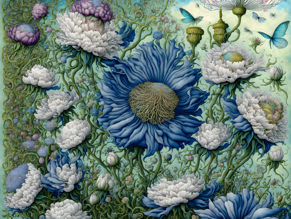 Detailed Artwork Featuring Oversized Blue and White Flowers, Butterflies, and Ornate Objects