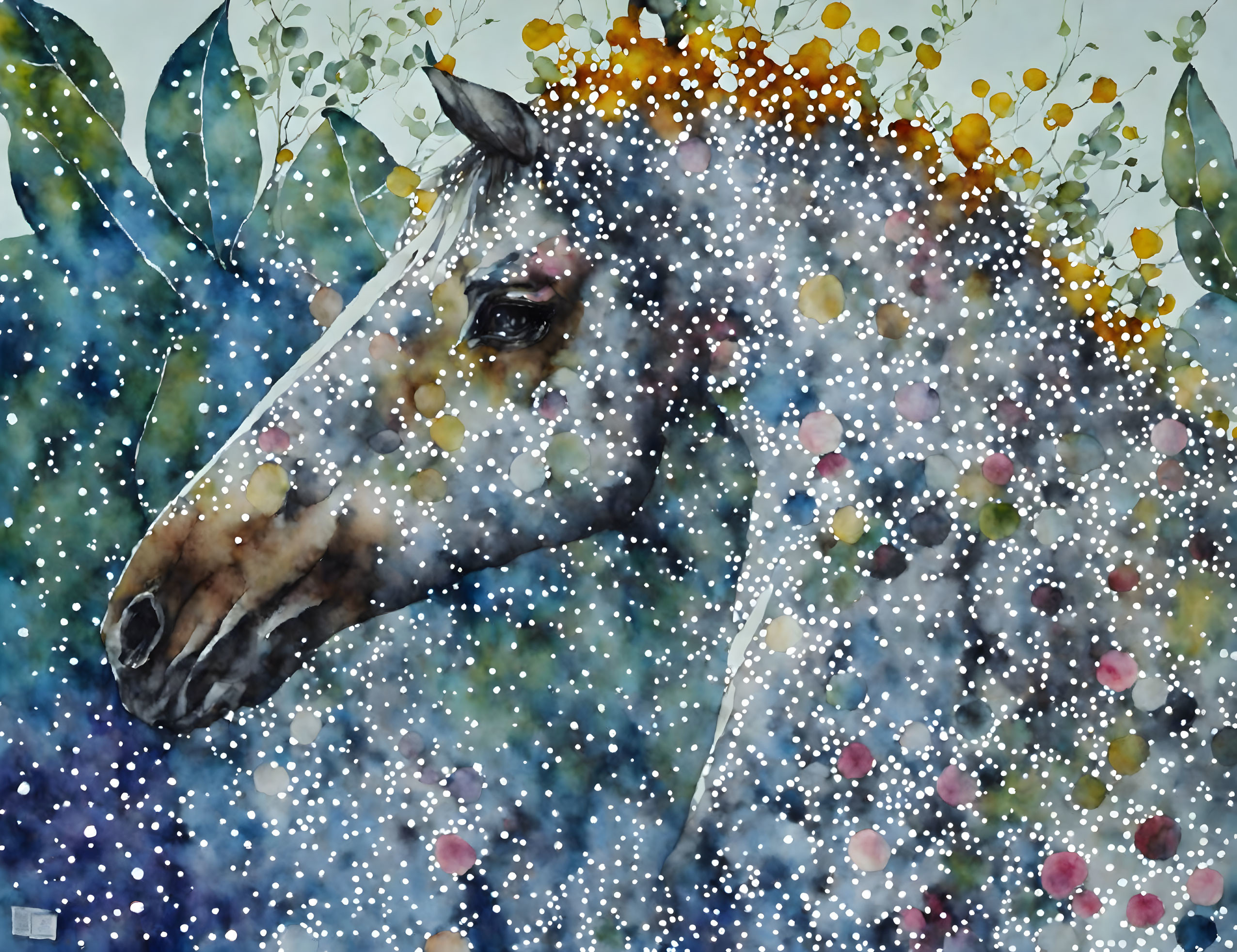 Colorful Watercolor Painting of Horse's Head with Dappled Pattern