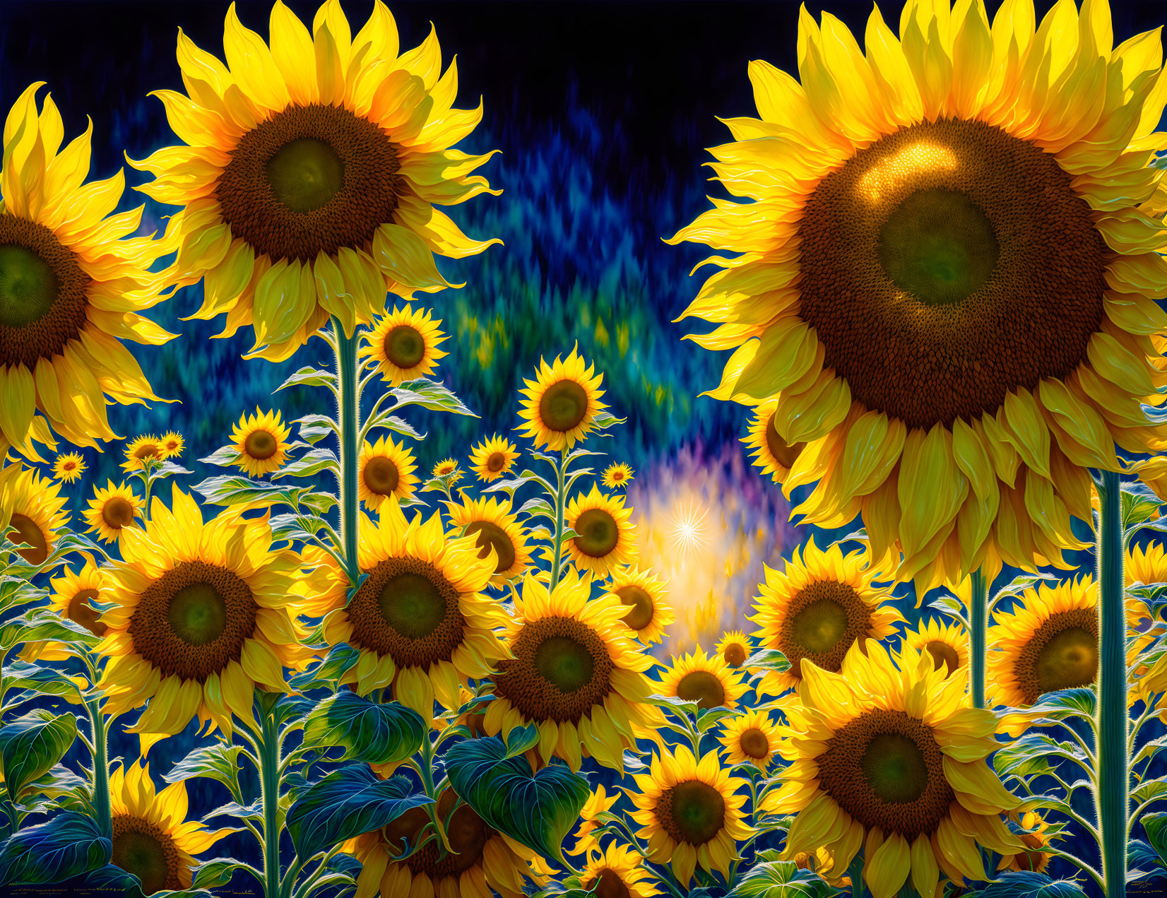 Sunflowers in full bloom against dark background with soft sunlight glow