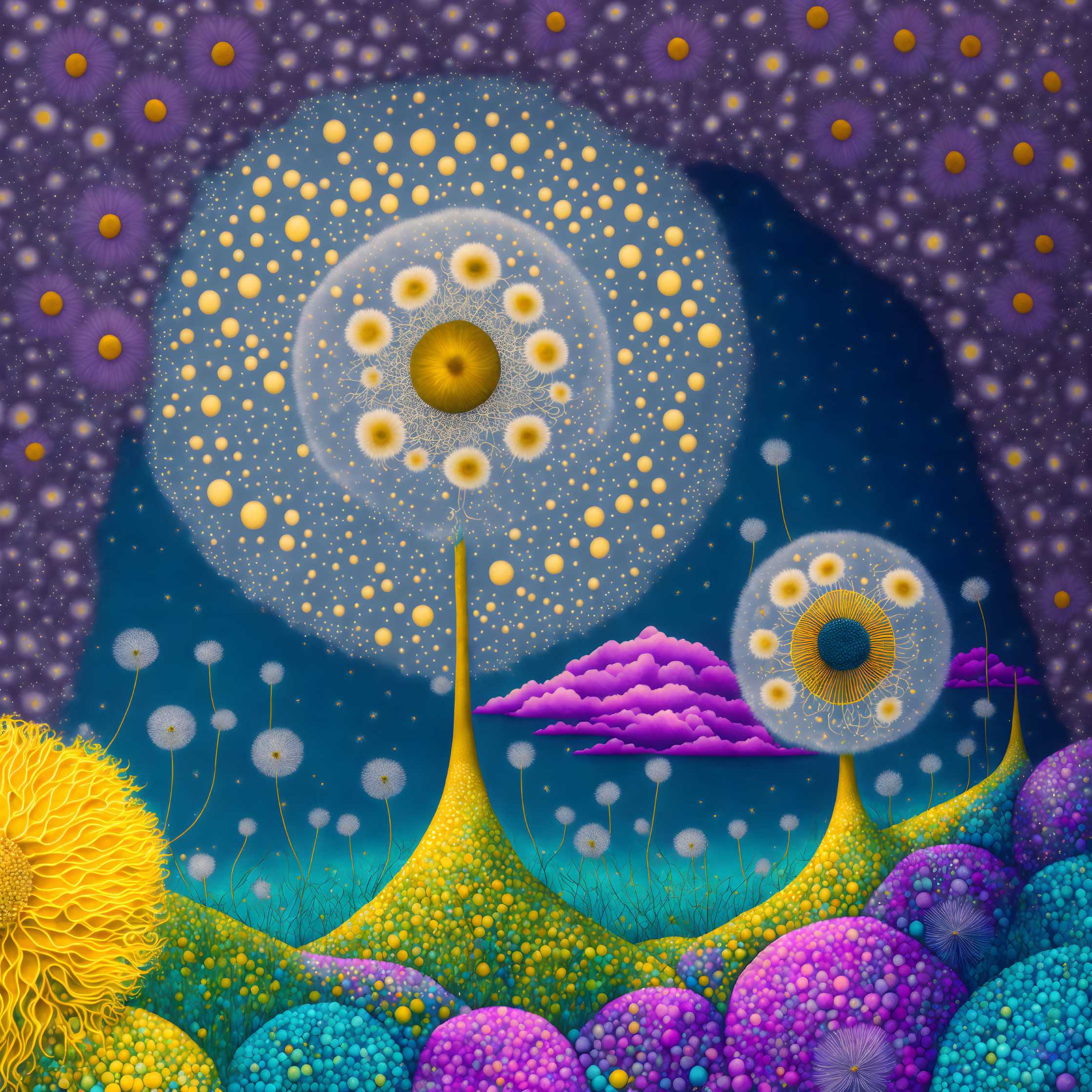 Surreal digital artwork: vibrant flora under star-lit sky