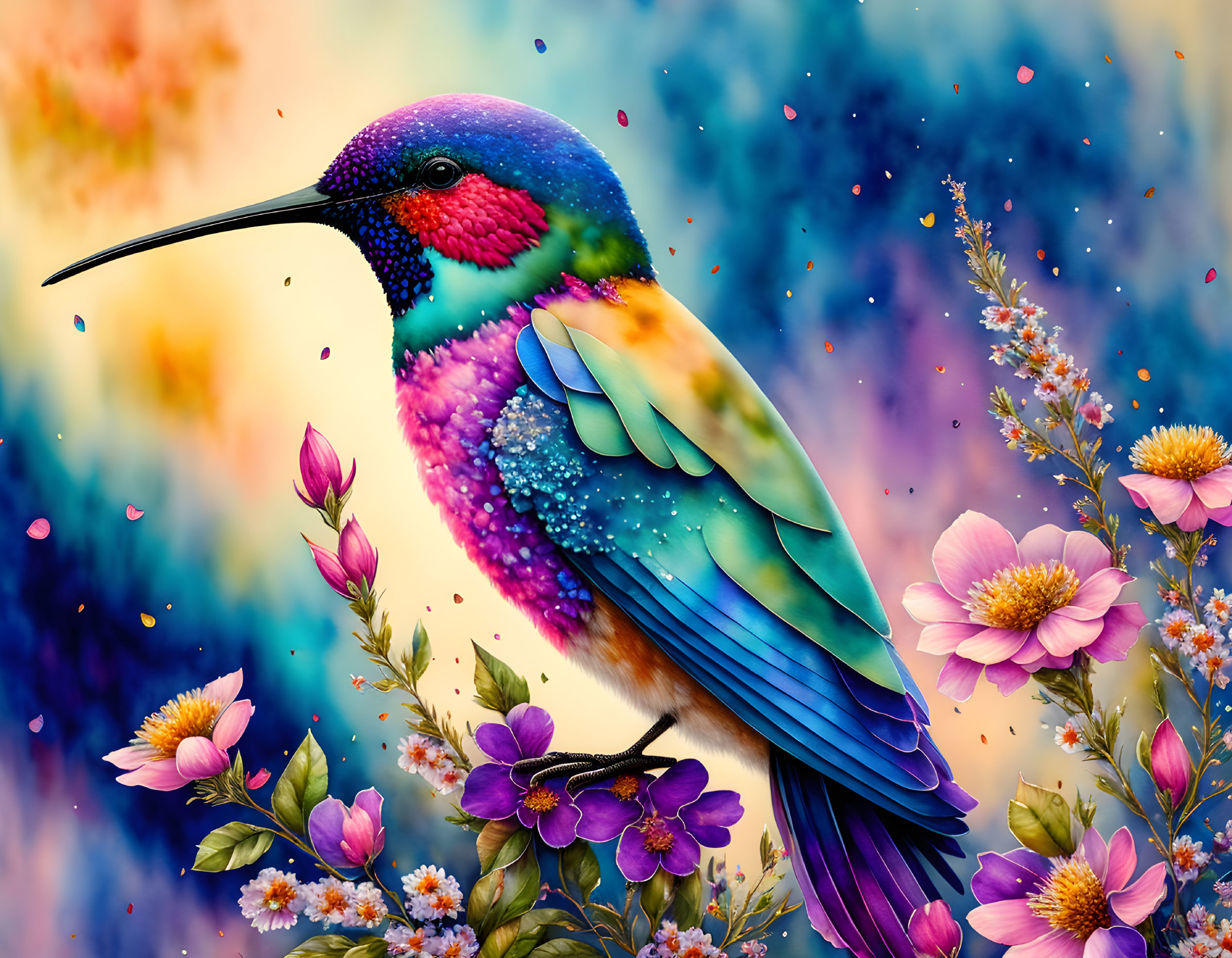 Vibrant hummingbird digital art with bokeh effect in blues, pinks, and purp