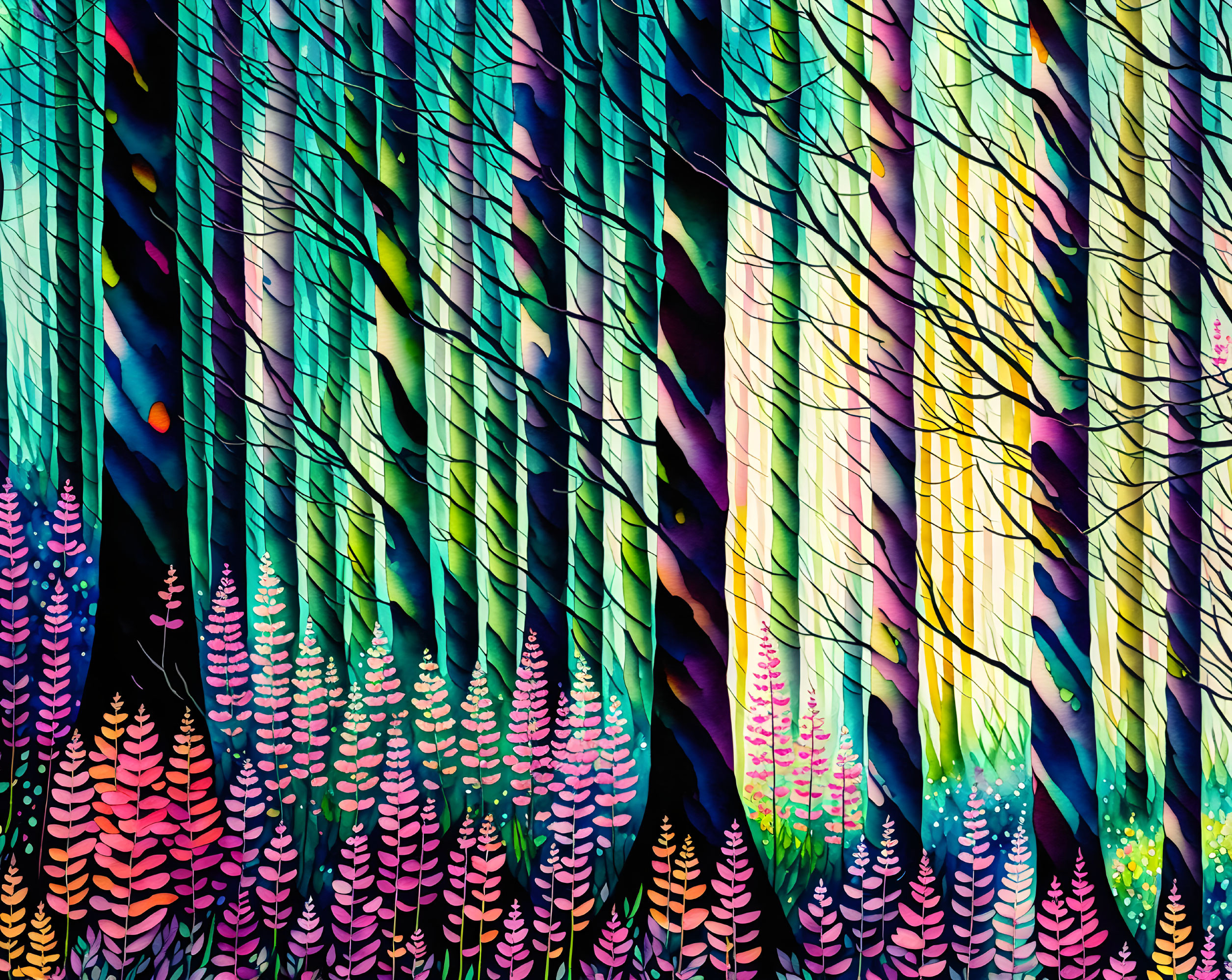 Colorful Abstract Forest Scene on Dark Background