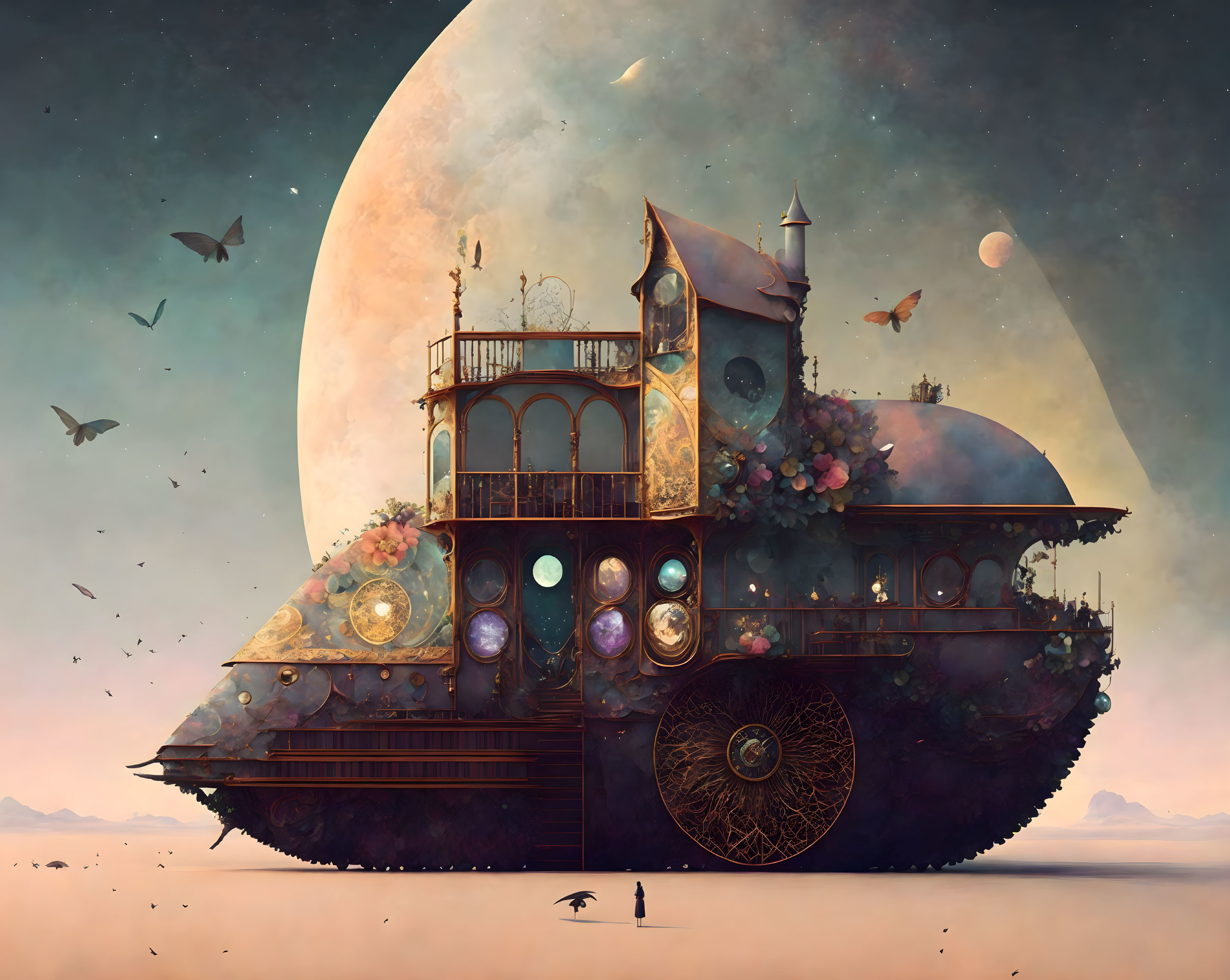 Steampunk-style Victorian house on wheels in desert landscape with moon and flying birds