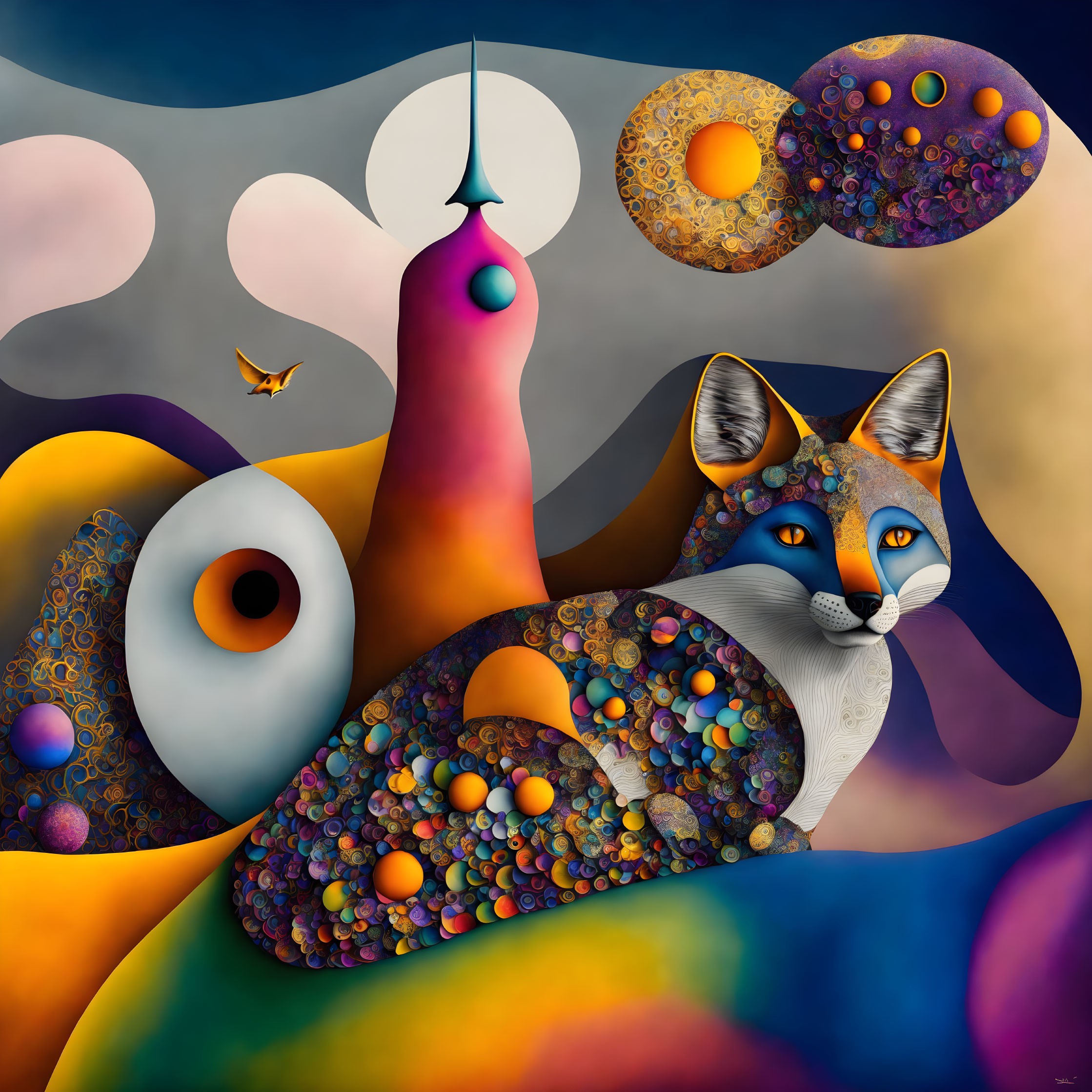 Colorful Surrealist Artwork: Cat with Human-like Eyes in Abstract Background