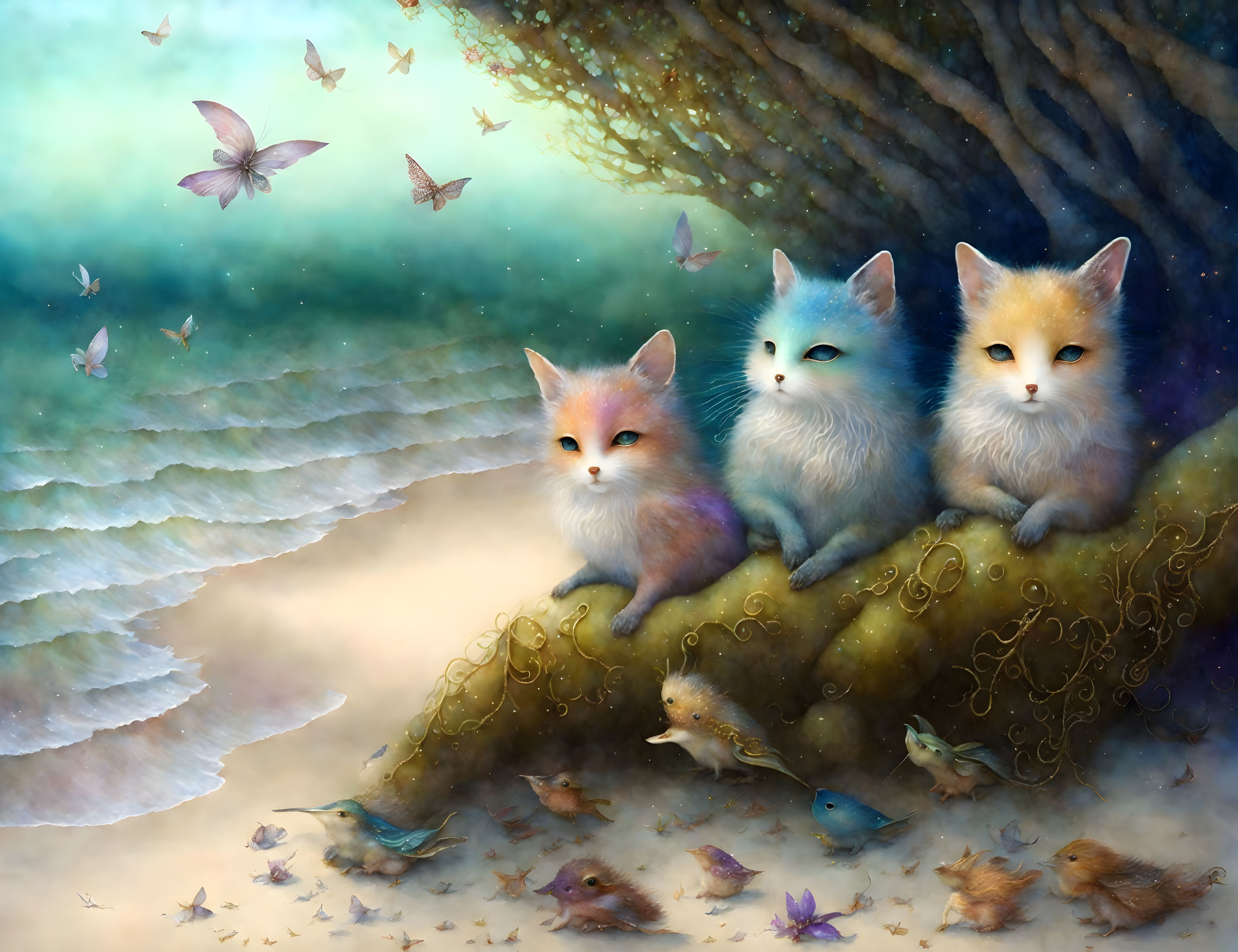 Colorful Kittens on Branch with Butterflies in Enchanted Forest